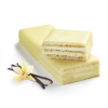 beauty shot of vanilla protein wafer bars showing the crispy interior with a flowering vanilla bean on the side