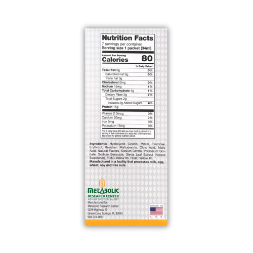 Mango Orange protein drink made by Metabolic Research Center nutrition panel